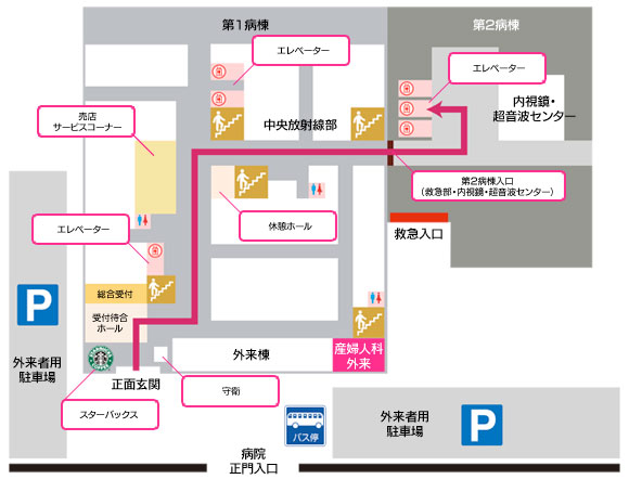 病院正面玄関から第2病棟エレベーターまで